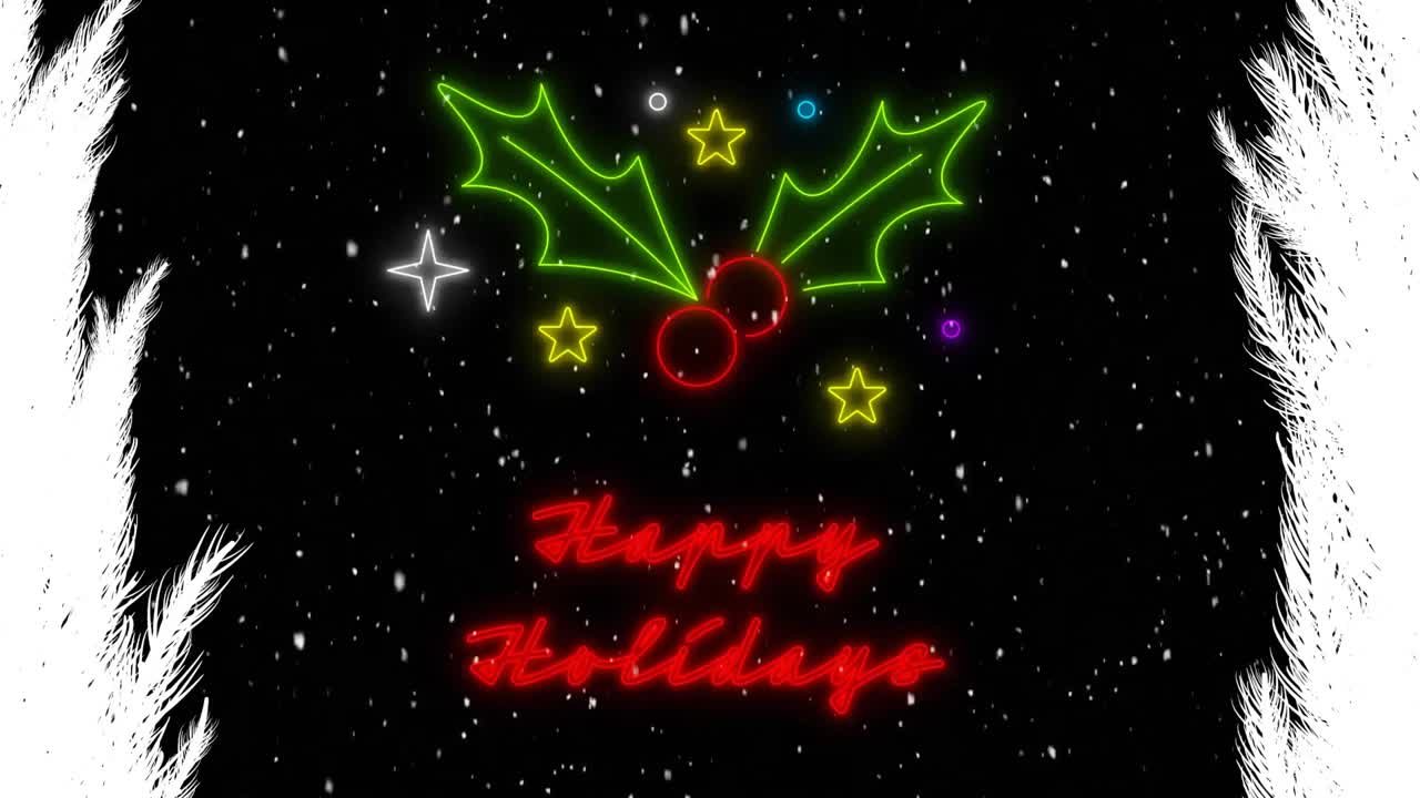 크리스마스에 눈이 내리고 피르 나무 위에 네온 해피 홀리데이 텍스트의 애니메이션