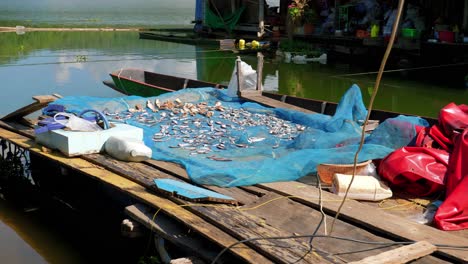 fishes kept over the net in the sailing boat at pak nai fisherman village, nan province, thailand