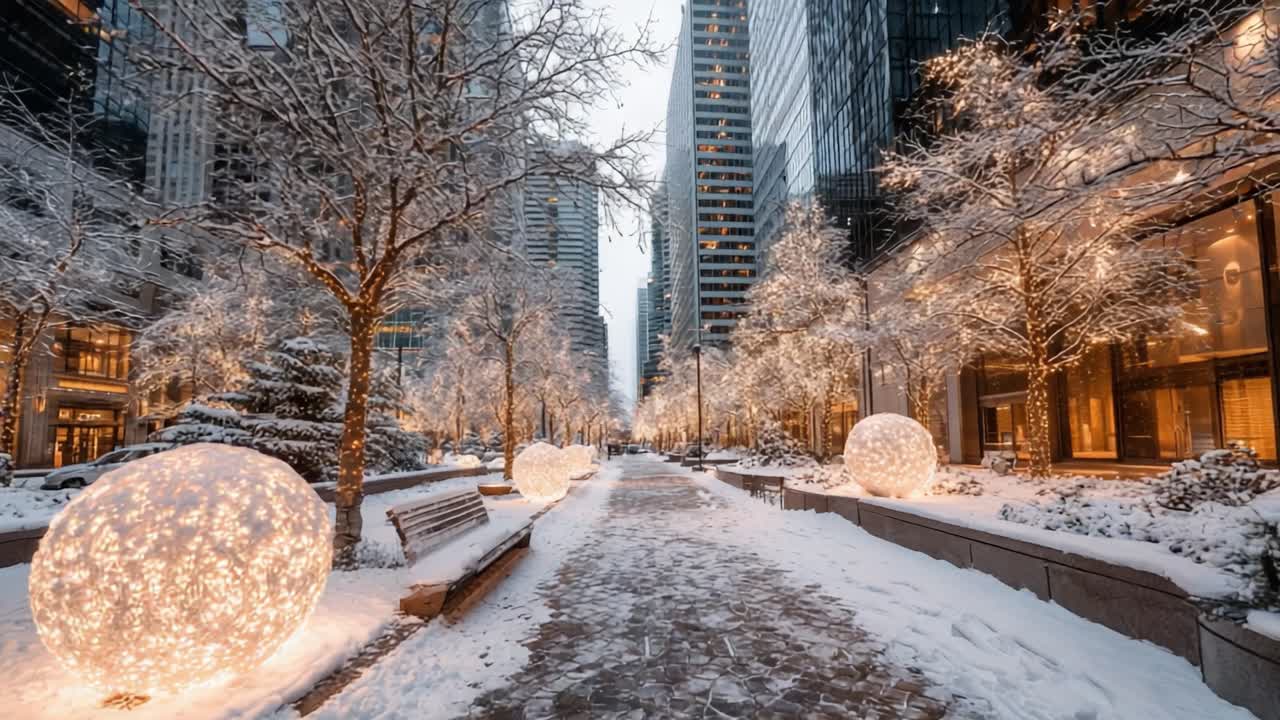 A Serene Winter Wonderland in the City: Glowing Spheres Illuminate a Snow-Covered Urban Pathway Surrounded by Frosty Trees and Modern Skyscrapers
