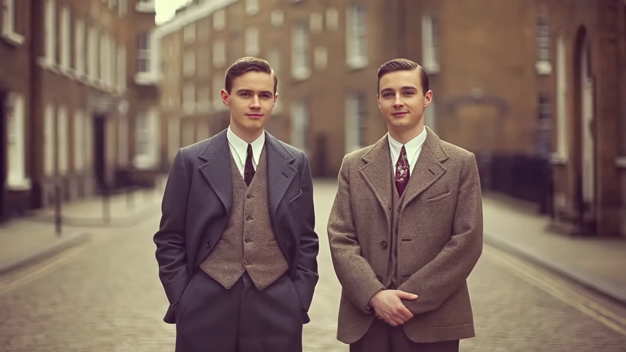 Two Young Men in Vintage Suits on a City Street