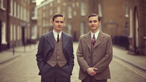 two young men in vintage suits on a city street