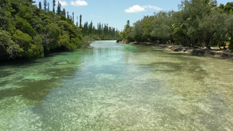 Isla-De-Pinos,-Canal-De-Agua-De-Nueva-Caledonia-A-Través-Del-Paisaje-único-De-La-Isla-Boscosa---Aéreo