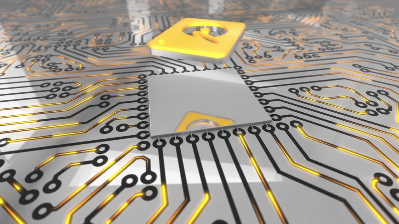 밝은 오렌지 회전 컴퓨터 회로 보드 개념 하드 드라이브 루프 4k