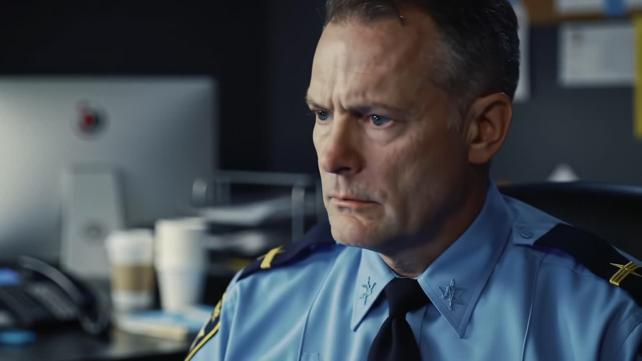 A Focused Police Officer Contemplates Serious Matters in an Office Environment, Surrounded by Essential Technology and Documentation in a Tense Atmosphere