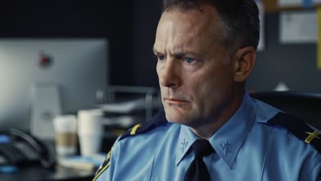 a focused police officer contemplates serious matters in an office environment, surrounded by essential technology and documentation in a tense atmosphere