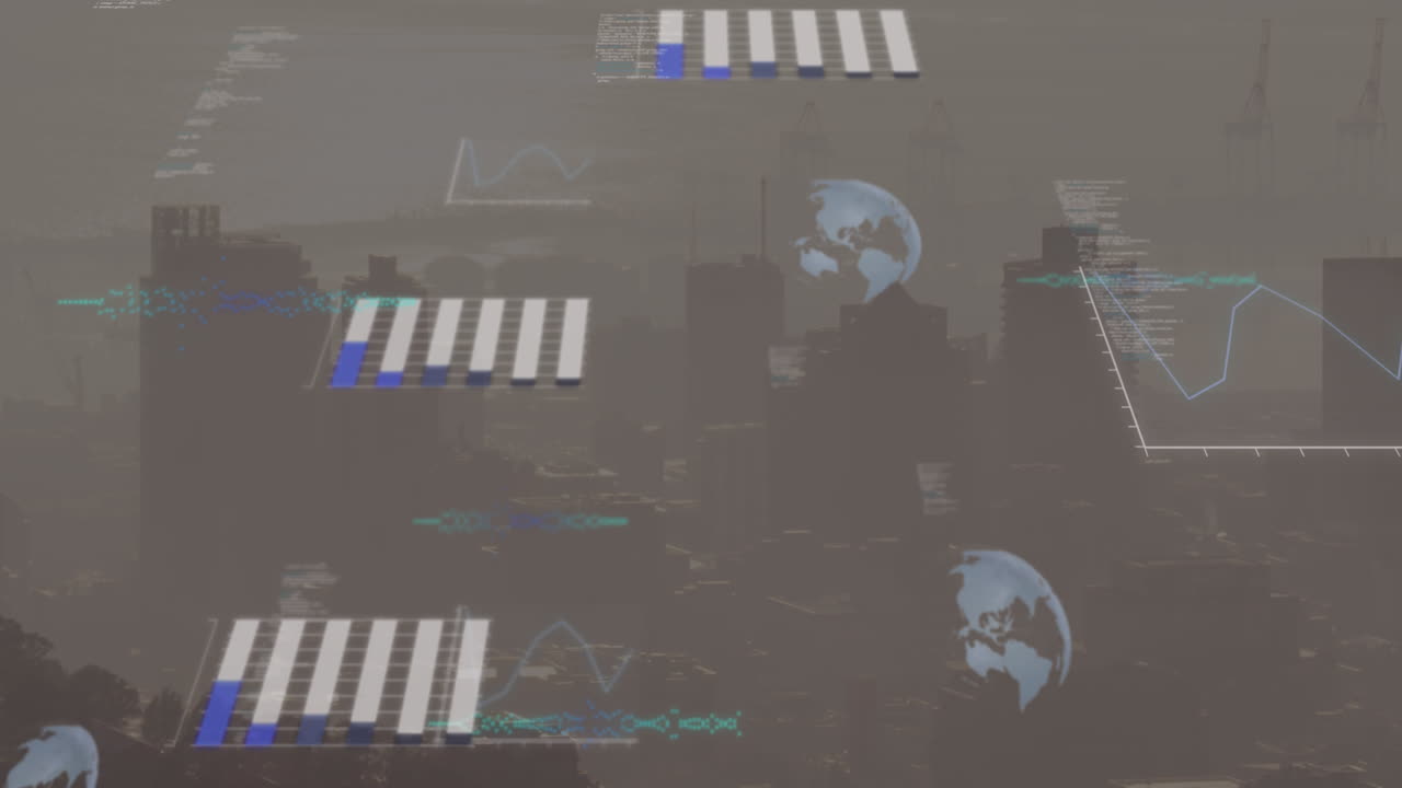 도시 풍경의 공중 전망에 대한 데이터 처리 애니메이션