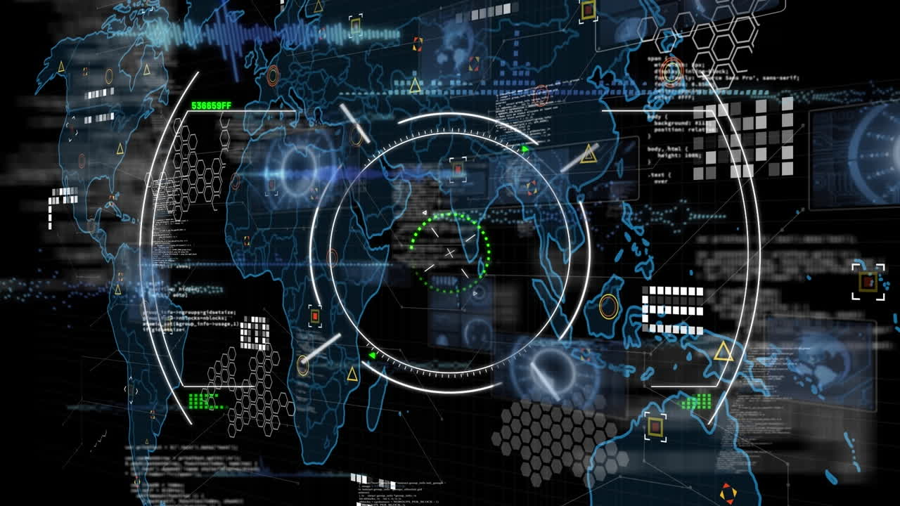 Animation of data processing over world map and scope scanning ...