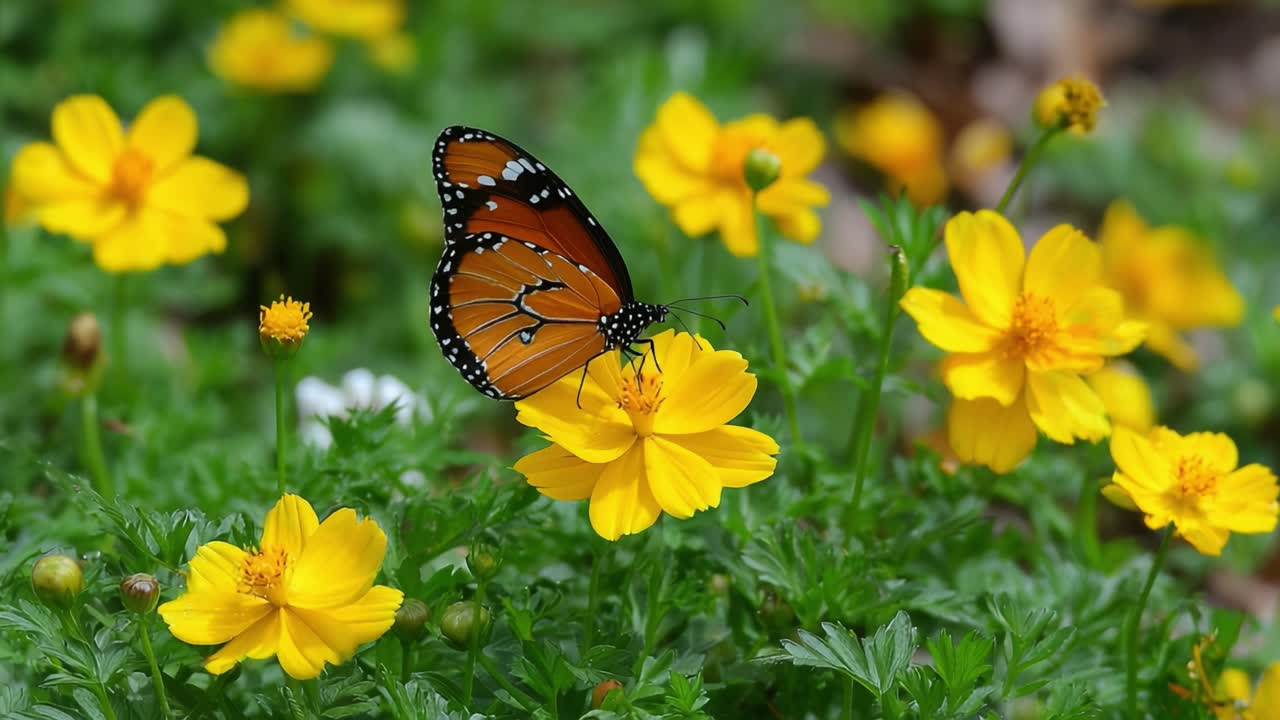 A Stunning Monarch Butterfly Gracefully Perched on Bright Yellow Flowers, Showcasing Nature's Beauty and the Delicate Balance of Life