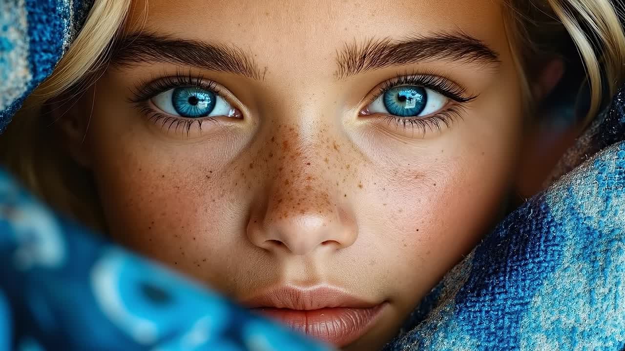 Un primo piano di una ragazzina con gli occhi blu e le lentiggini