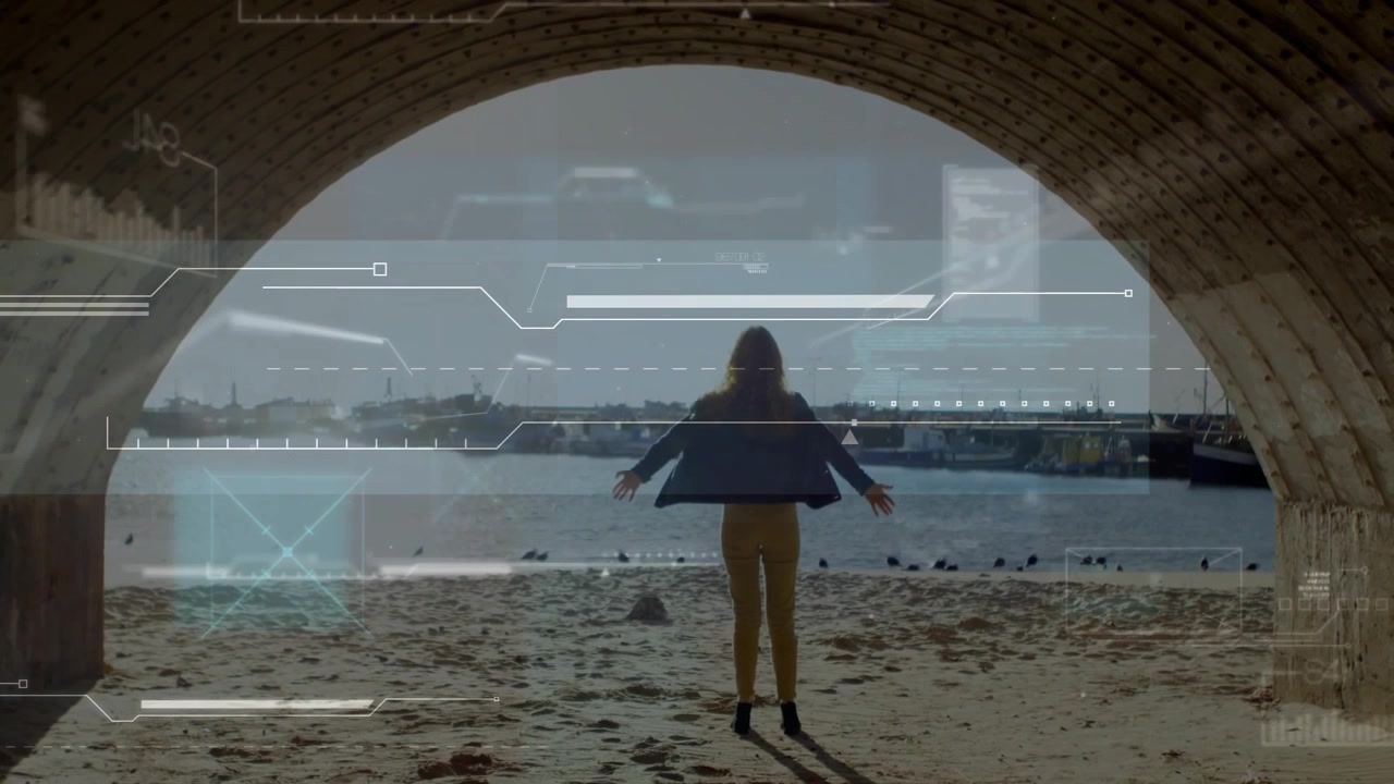 woman stepping from arch shadow onto sunlit beach and activating tech HUD for scanning harbor view