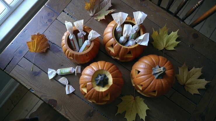 Falling single dried leaf drifting past carved pumpkin arrangement on wooden table, with candies