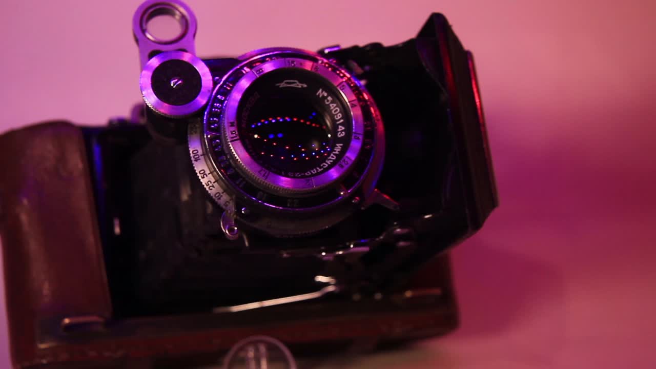 Close Up of The Folding Vintage Soviet Photo Film Camera Moskva