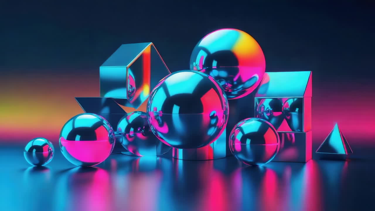 Vibrant Abstract 3D Render of Reflective Neon Geometric Shapes