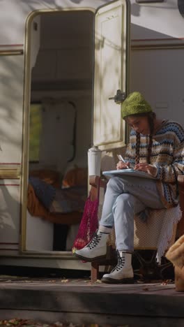 teenage girl studying outdoors by camper van