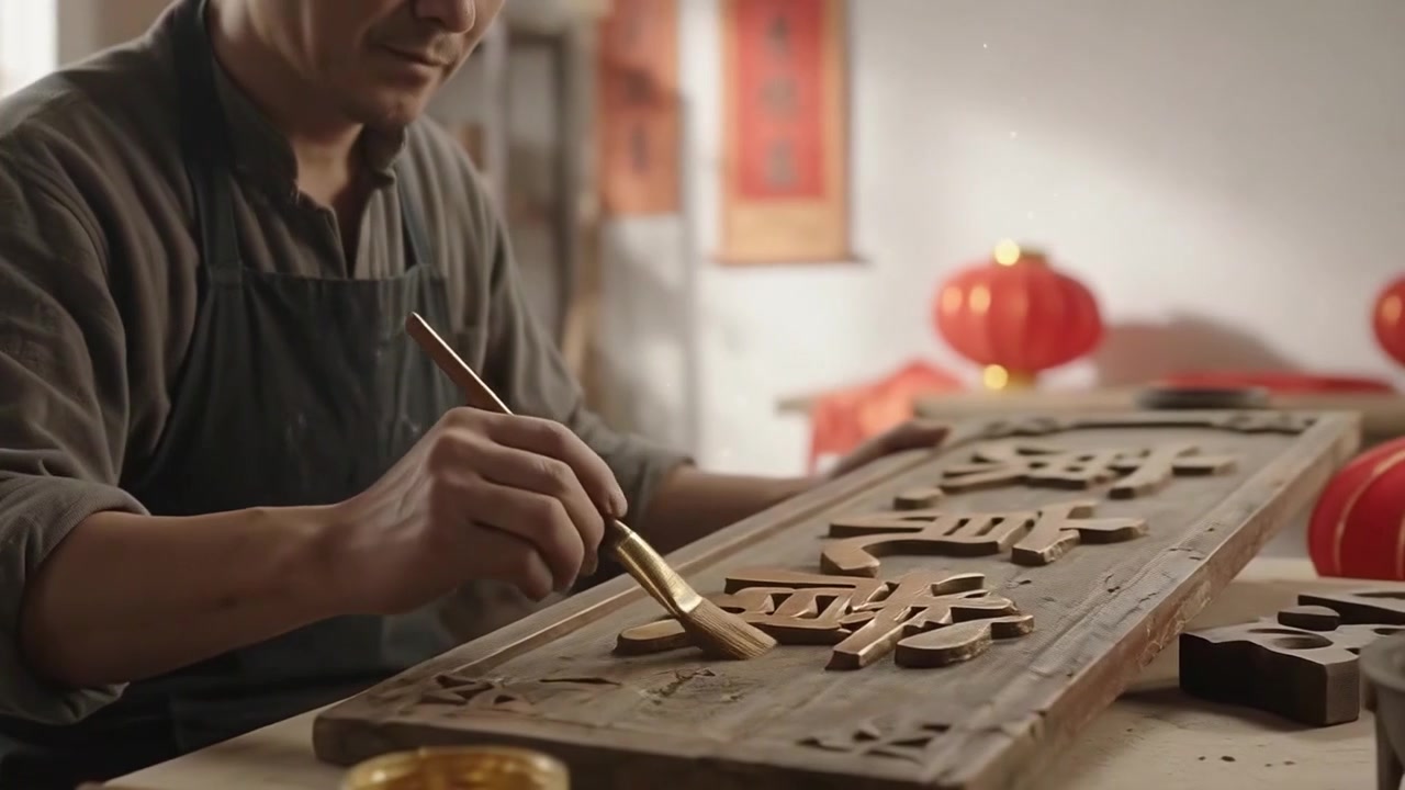 Artigiano che dipinge foglie d'oro su un tradizionale intaglio cinese in legno
