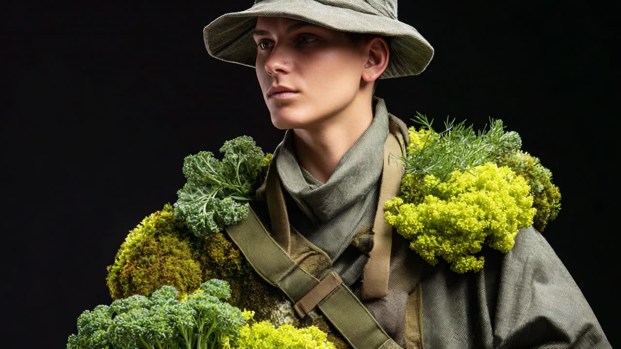 A soldier adorned with vibrant greens, showcasing an unusual blend of military attire and abundant vegetables, reminiscent of nature's resilience and creativity