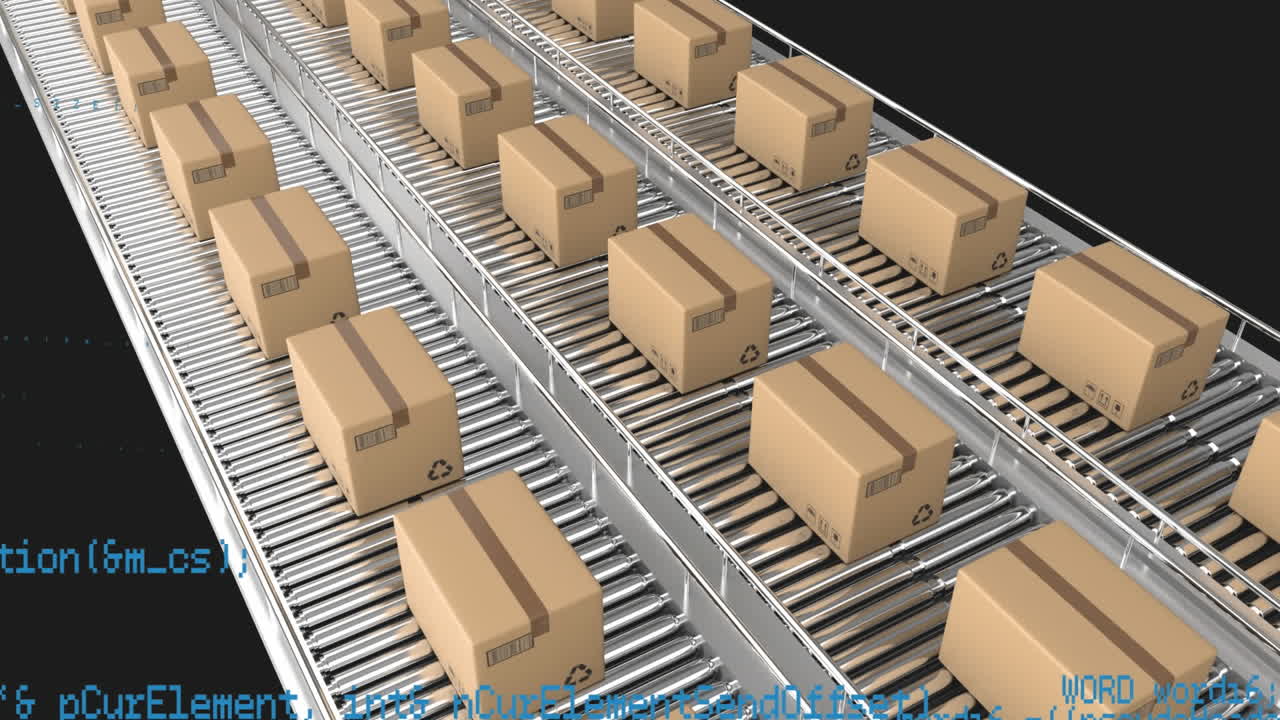 animación del procesamiento de datos sobre cajas de entrega en cinta transportadora contra un fondo negro