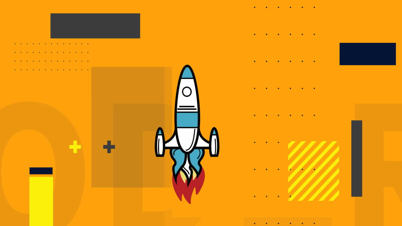 Animation of rocket icon over abstract shapes against yellow background