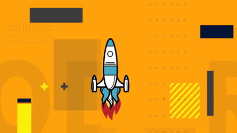 animation of rocket icon over abstract shapes against yellow background