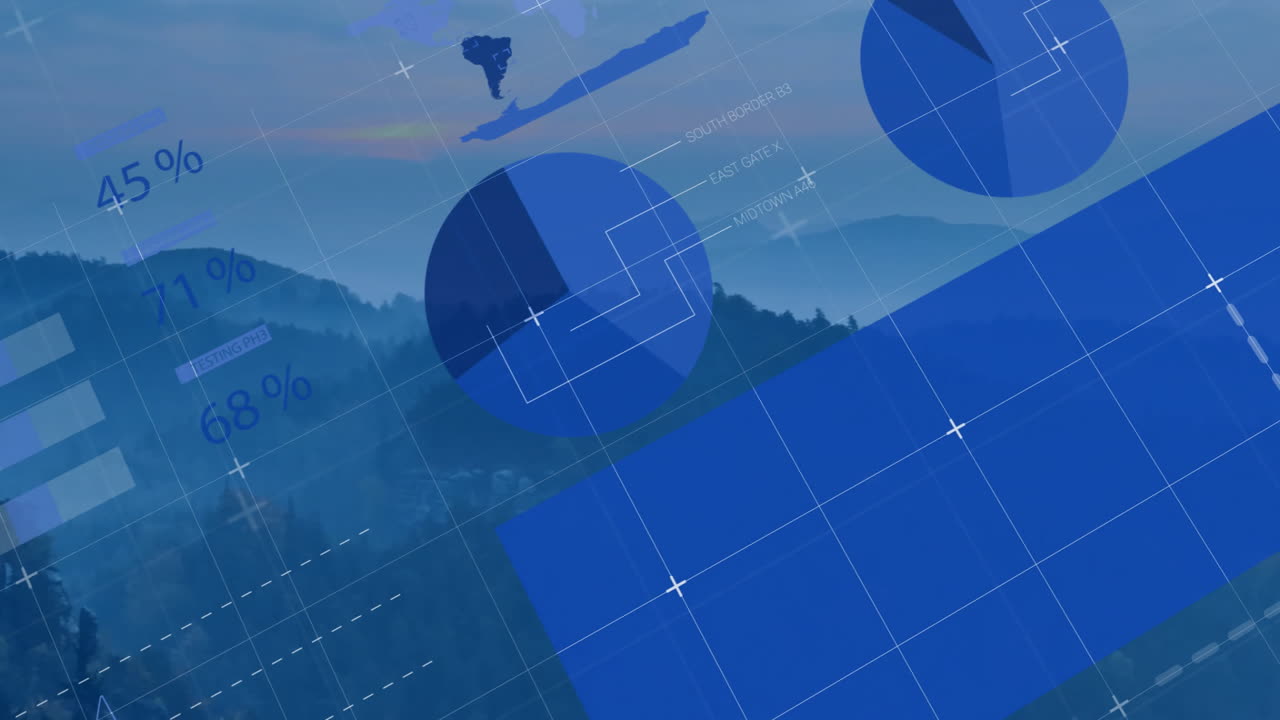 Digital data visualization overlay floating over forest at dawn, showing pie charts and bar graphs