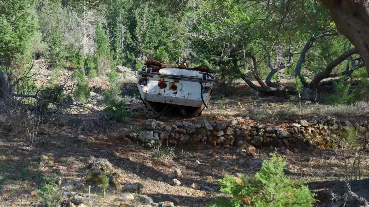 Forlatt bil i en skog