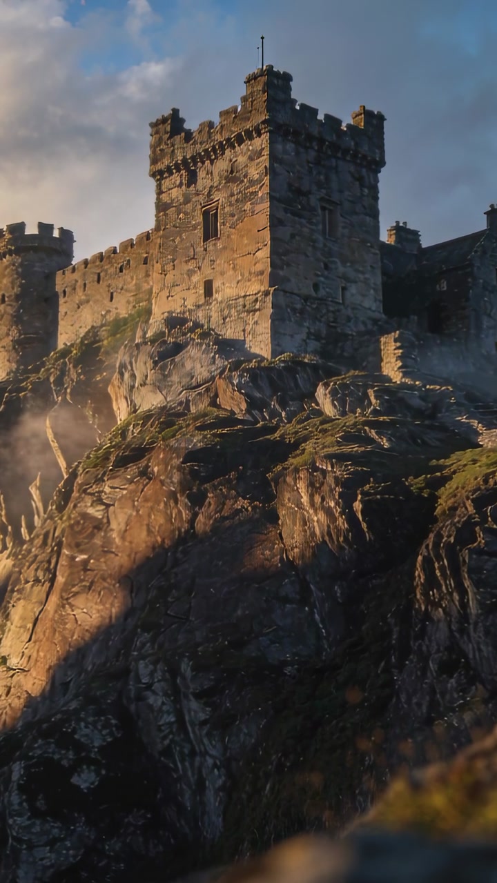 Vertical video: Panning low camera revealing castle tower on rocky outcrop, mist and sunlight