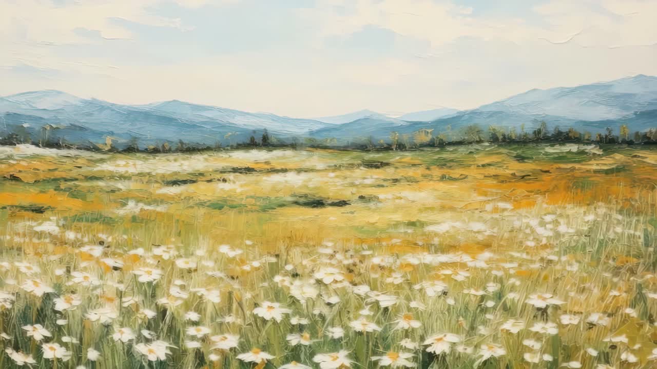 Un concept de vidéo de paysage serein avec une vue en contre-plongée d’une prairie de fleurs sauvages, capturant au loin