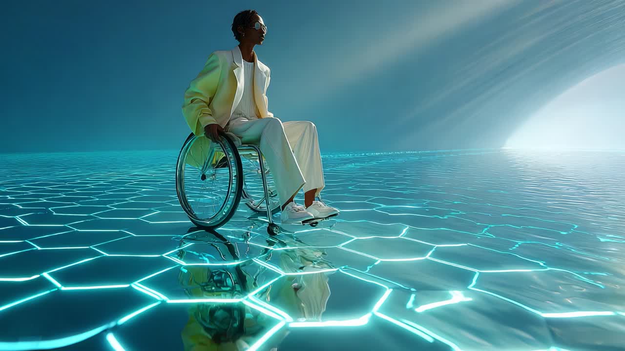 A futuristic scene featuring a person in a wheelchair, gliding over a reflective, hexagonal landscape illuminated by blue neon light, symbolizing freedom and inclusivity