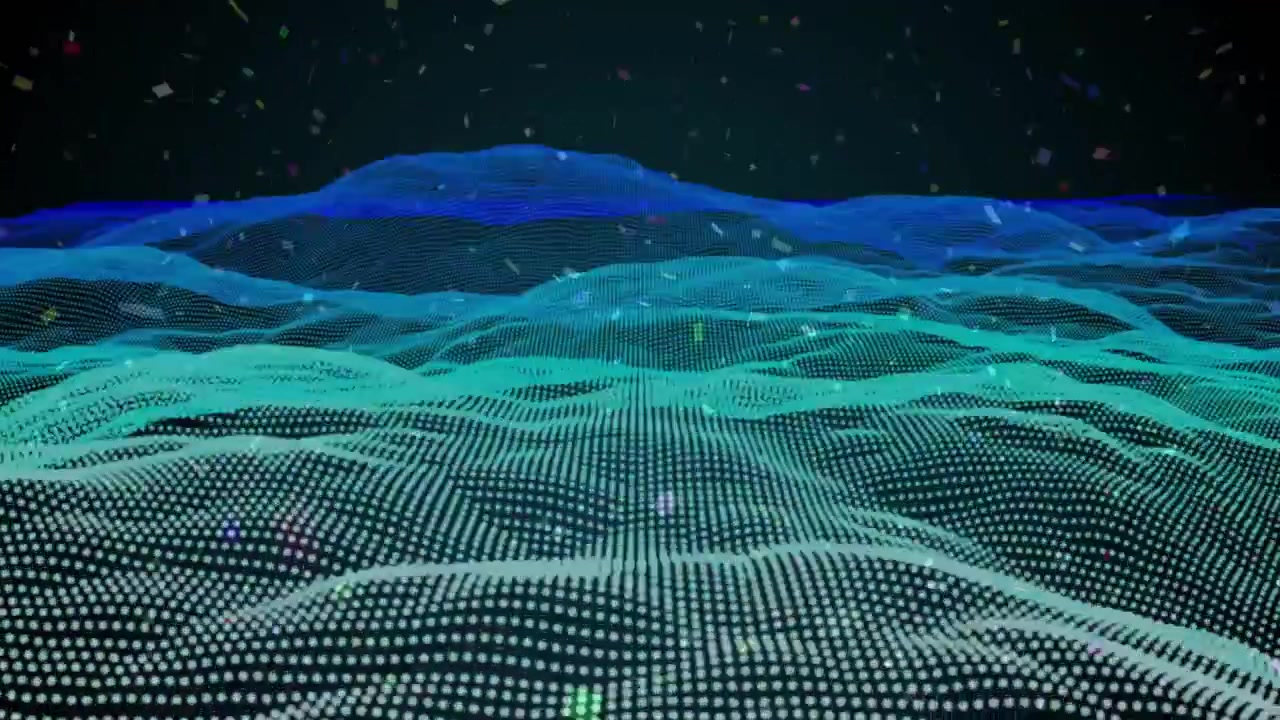 Playback starting, point-cloud mesh undulating for tech data viz, particles drifting through grid