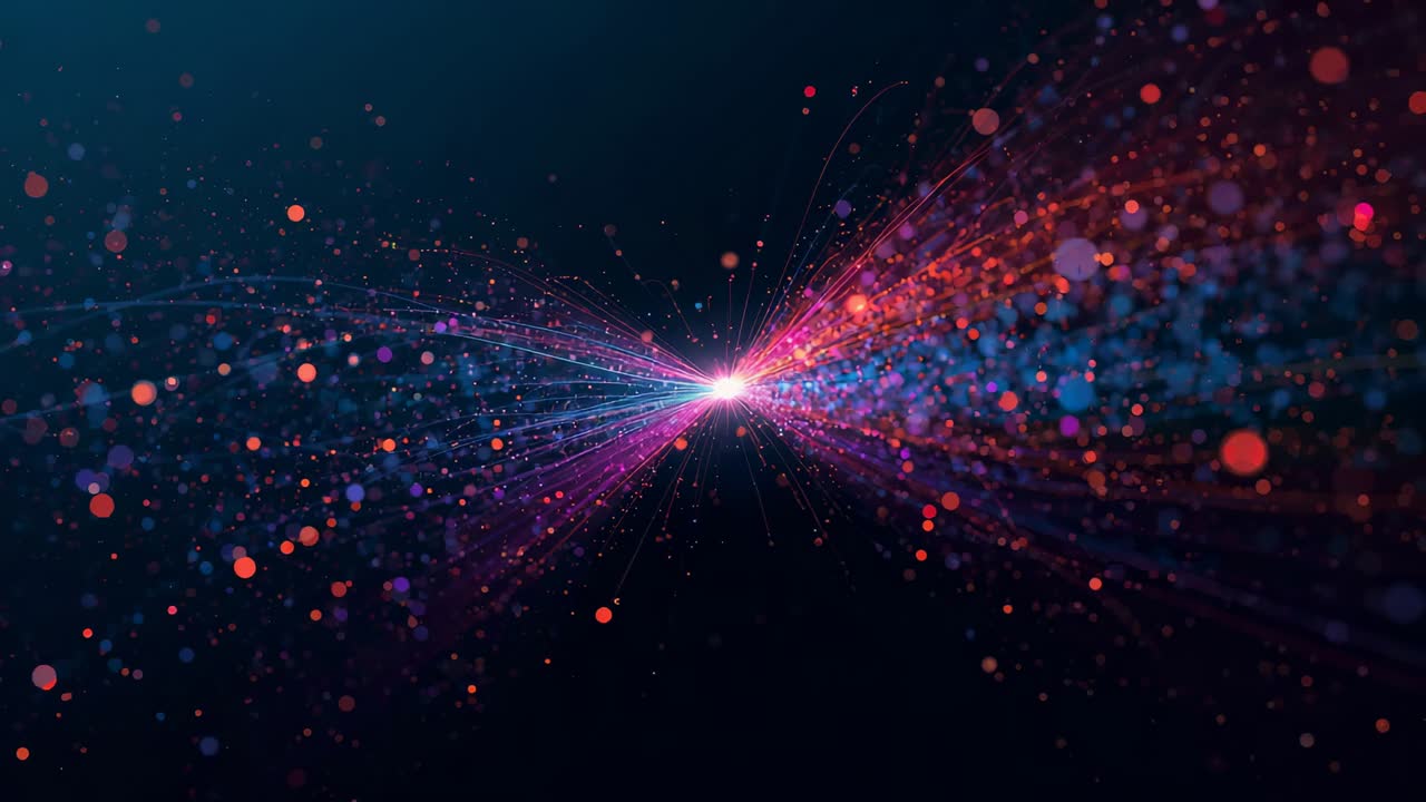Appearing bright core pulsing, sending filaments of colorful bokeh across dark void, forming tunnel