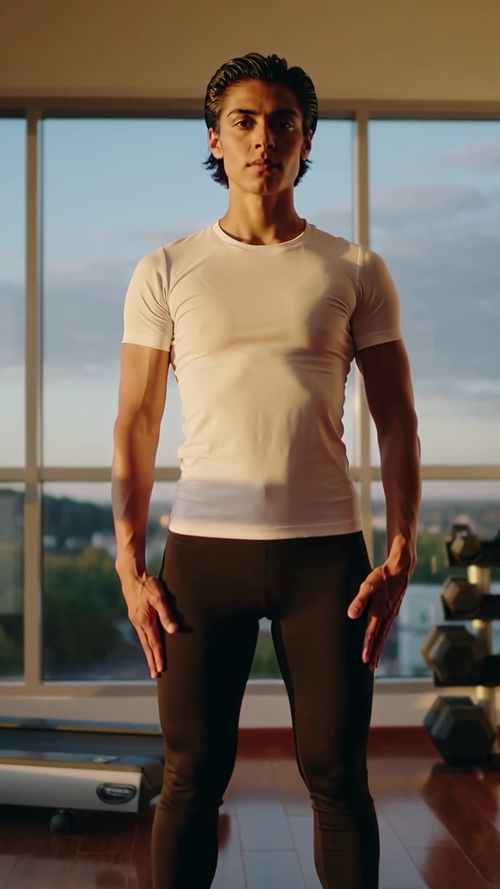Vertical video: Zooming camera, man in shirt, tights preparing with weights in gym