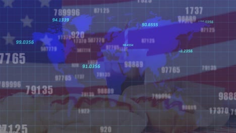 Animation-Von-Zahlen,-Die-Sich-über-Der-Weltkarte-Und-Der-Amerikanischen-Flagge-ändern