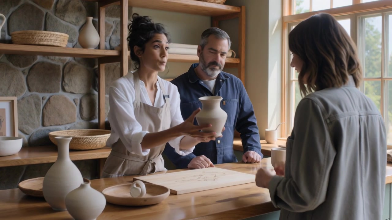 Rispondendo alla domanda di un visitatore, una vasaia in grembiule mostra e porge un vaso al bancone della ceramica.