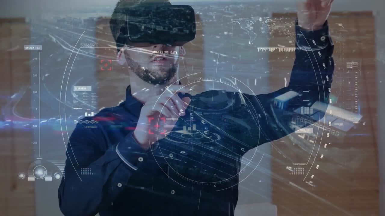 Skenování na pozadí muže používajícího brýle pro virtuální realitu a leteckého pohledu na město