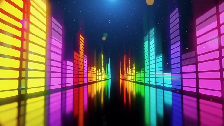 Sfondo visualizzatore equalizzatore musicale neon arcobaleno futuristico.