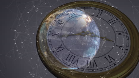 animación de redes de conexiones y globo sobre el reloj moviéndose rápidamente