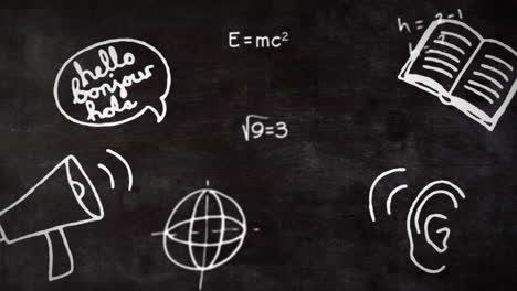 school concept icons and mathematical equations against blackboard