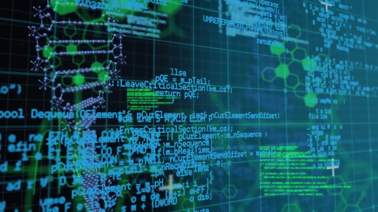 Dna structure, chemical structures and data processing against black background
