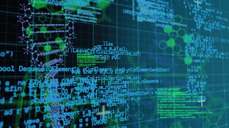 Dna structure, chemical structures and data processing against black background