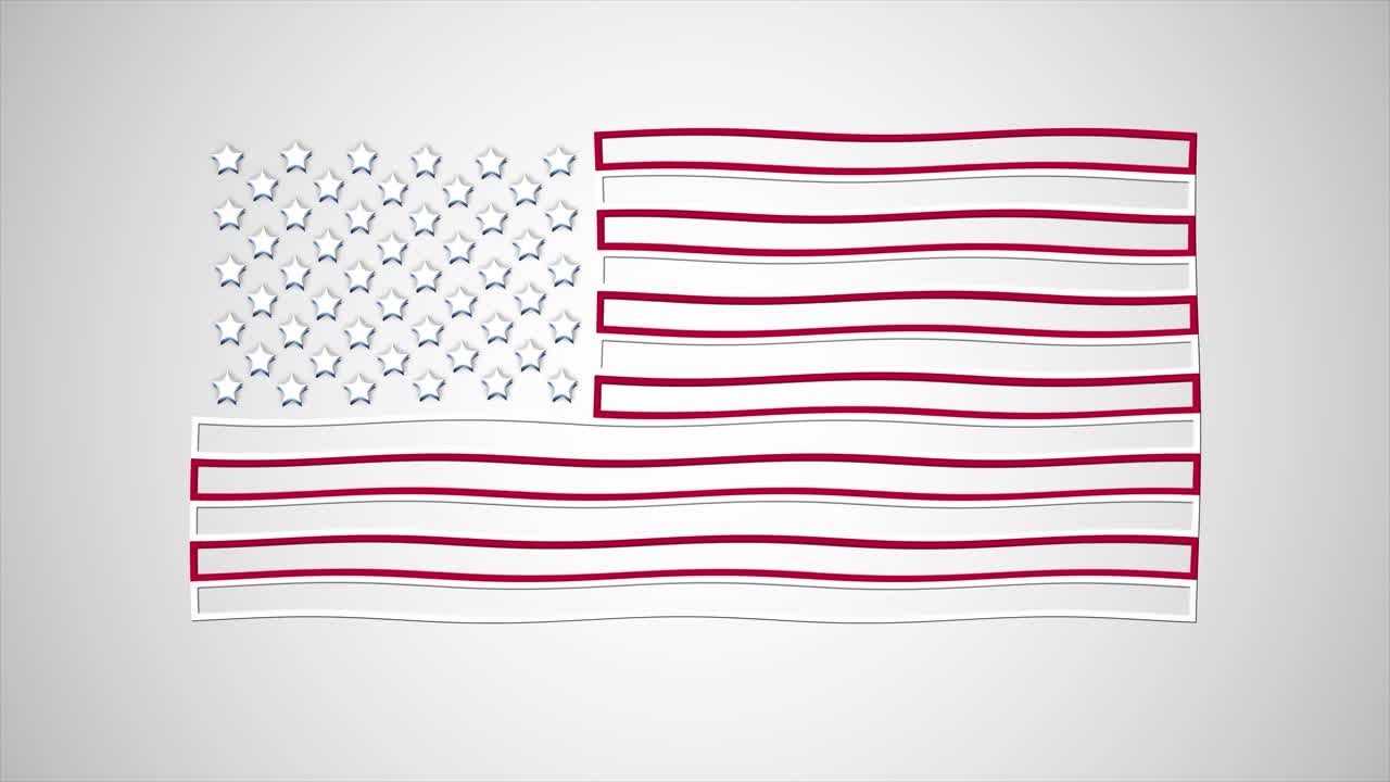 4 de julio, bandera americana ondeando animada con petardos en segundo plano