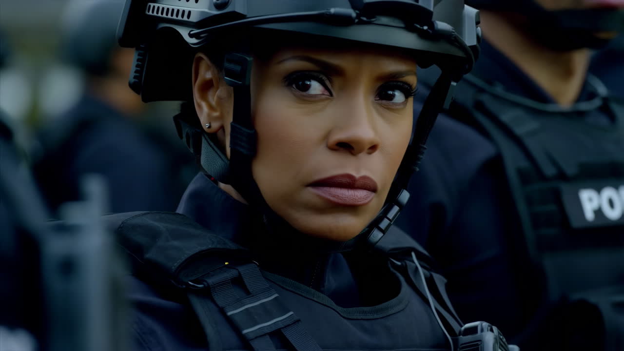 A woman in a helmet looking serious