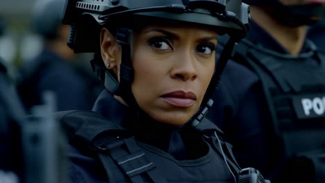 a woman in a helmet looking serious