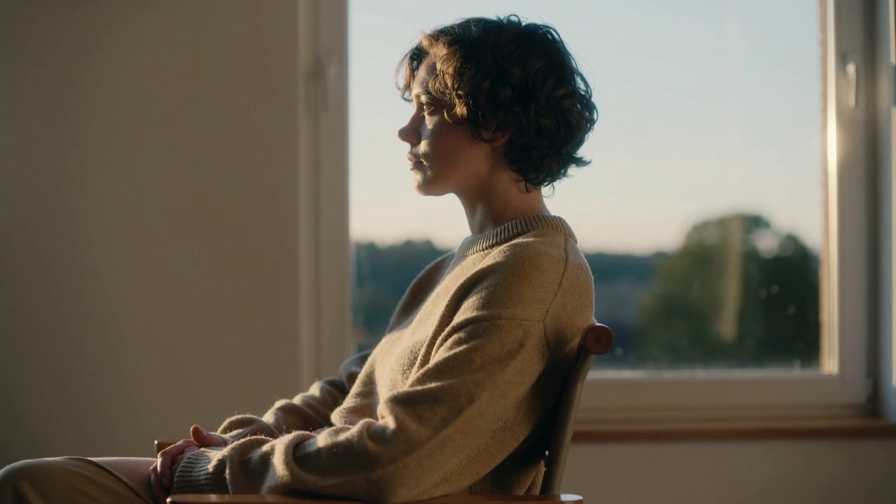 Sitting woman wearing beige sweater on wooden chair at home gazing toward window, sunlight falling