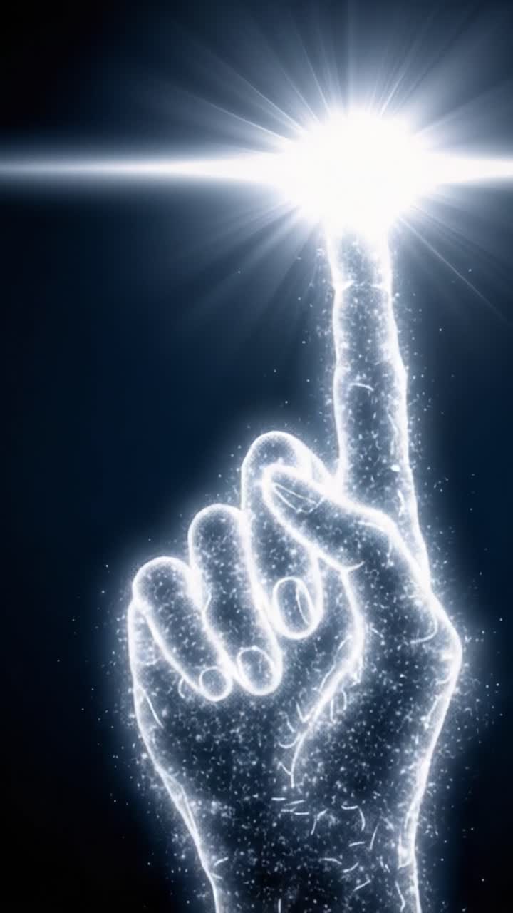 Una mano luminosa se extiende hacia una luz etérea, encarnando la esencia de la esperanza, la inspiración y la conexión con el universo a través de un deslumbrante espectáculo cósmico.