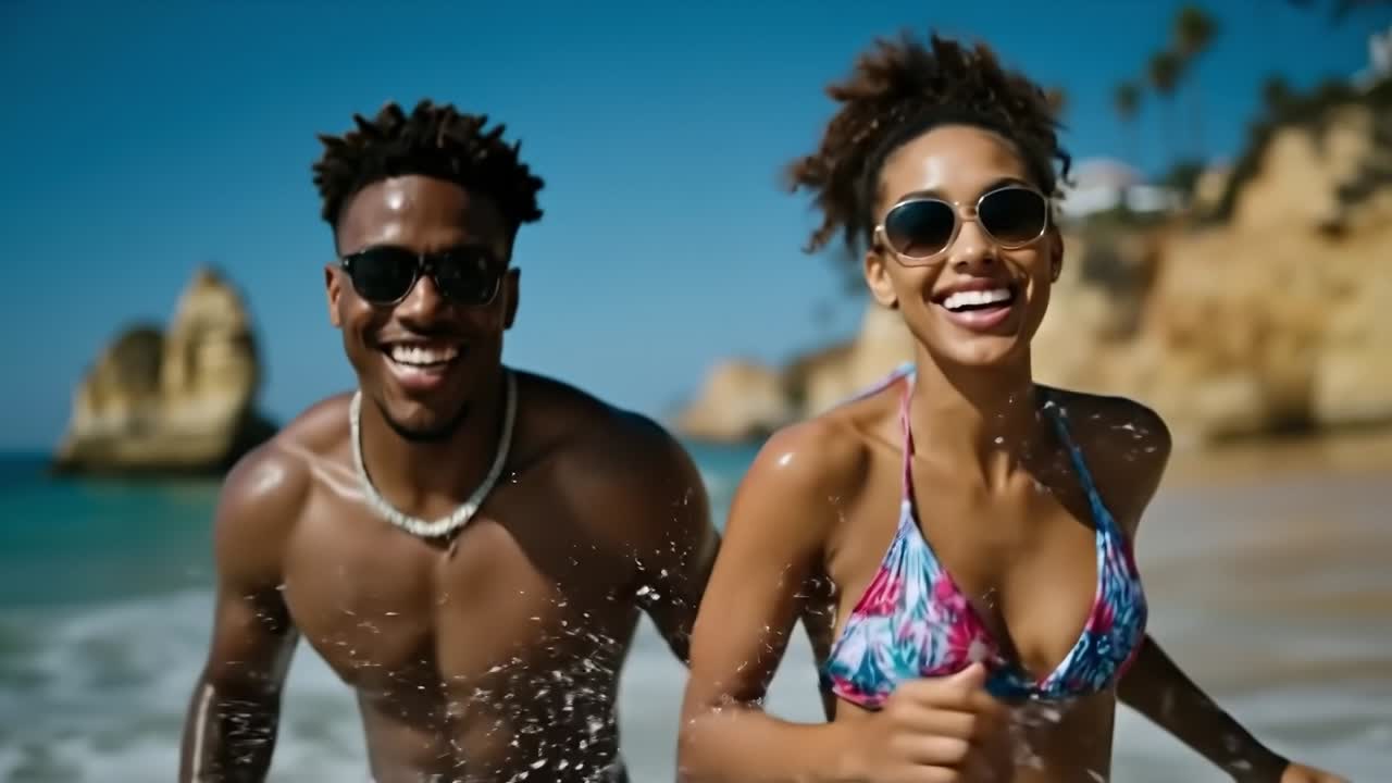 Un uomo e una donna che corrono sulla spiaggia
