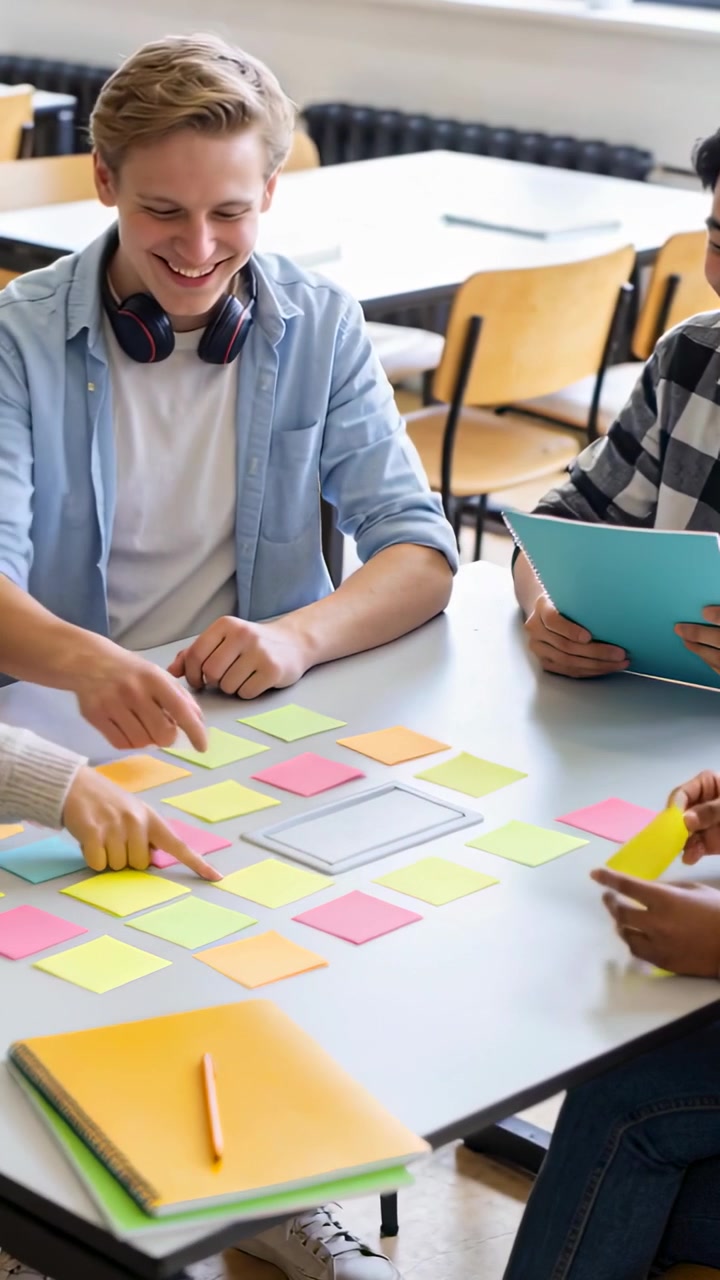 Video verticale: Studente che indica a sinistra, si protende in classe, ordina post-it intorno a un tablet per pianificare