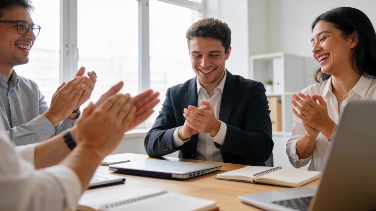 Applauding team at office table after update, man in blazer closing laptop, woman writing notebook