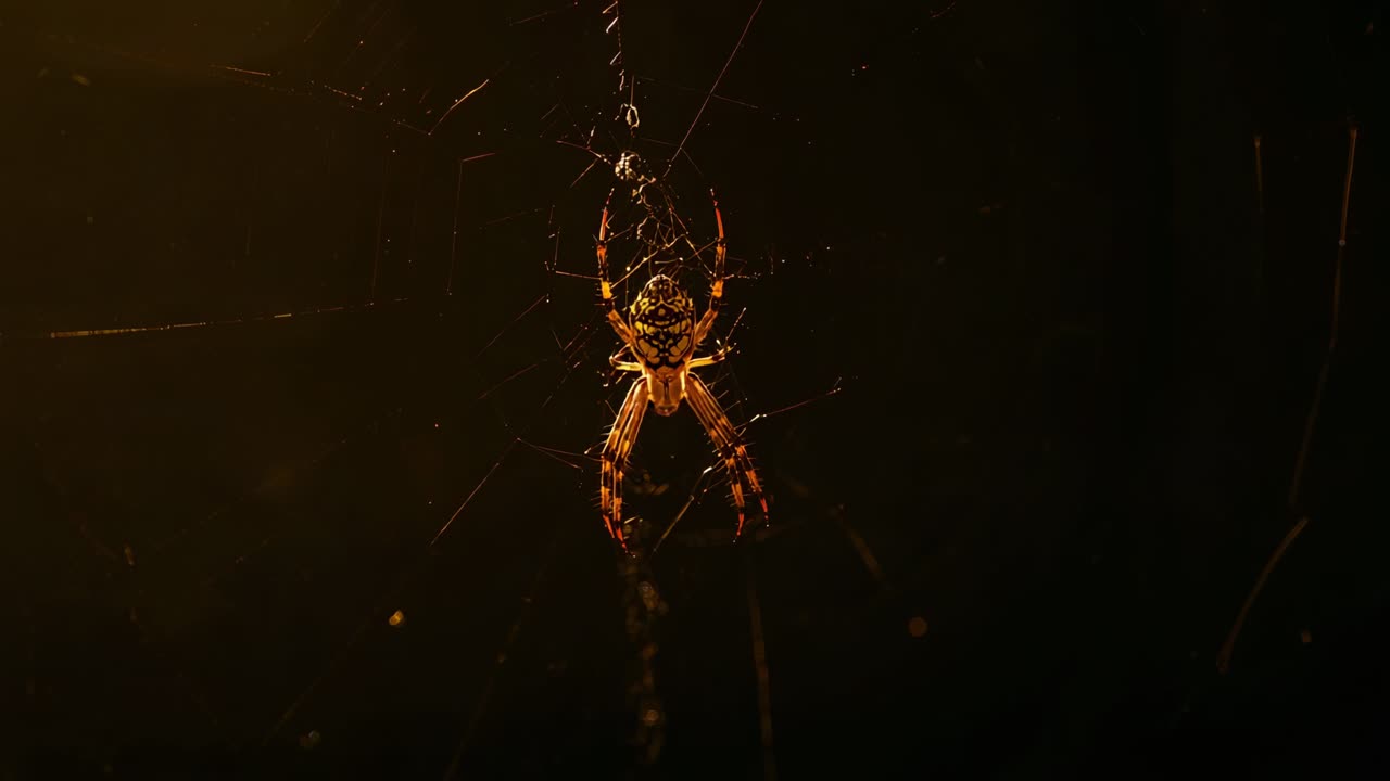 Detecting broken silk, orb-weaver spider extending leg under amber glow, reinforcing silk threads