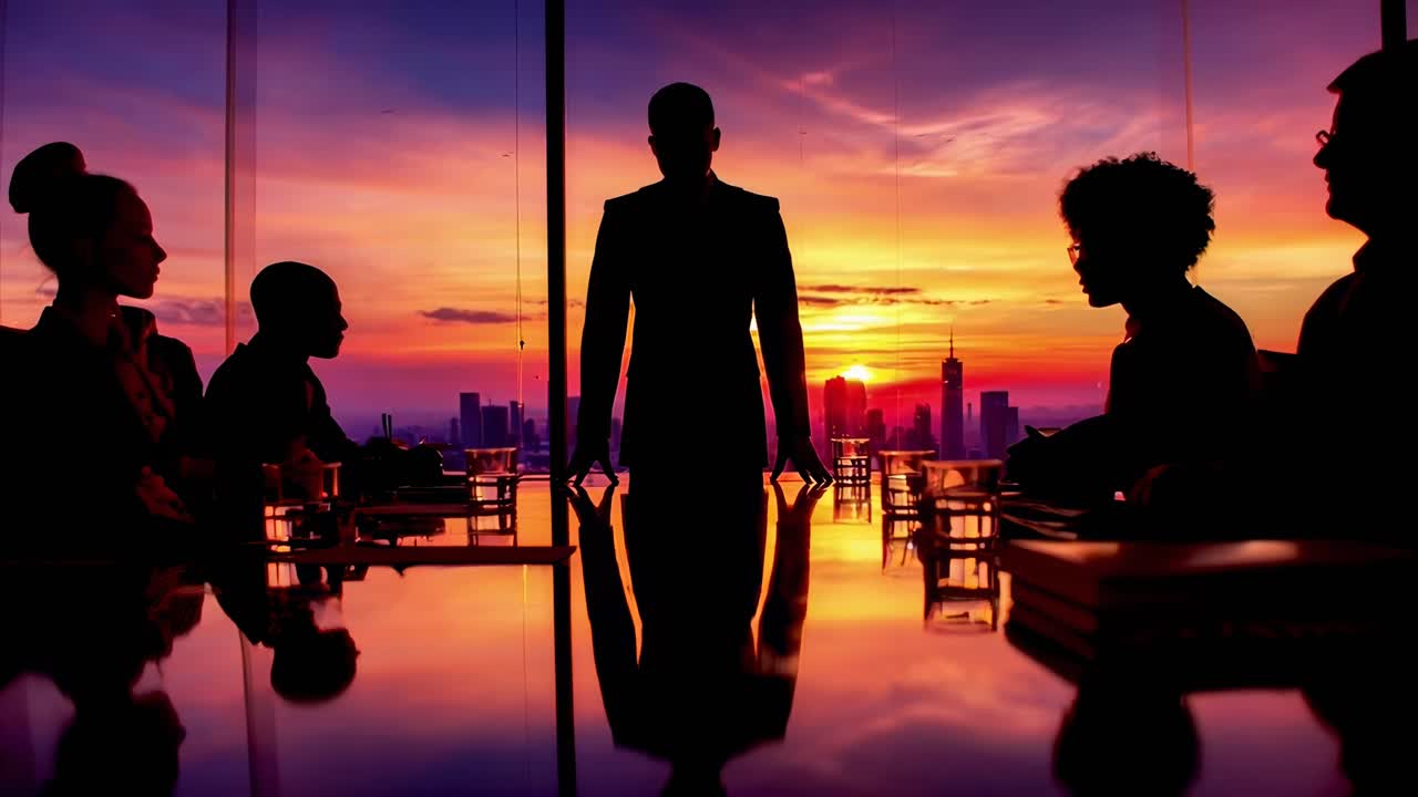 Riunione d'affari in silhouette al tramonto, ripresa da un'angolazione bassa, ideale per un video aziendale