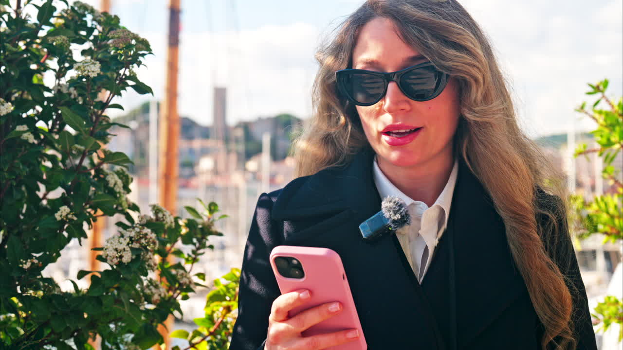 Woman wearing sunglasses talking in front of boats docked in the Pierre Canto Port in Cannes, France